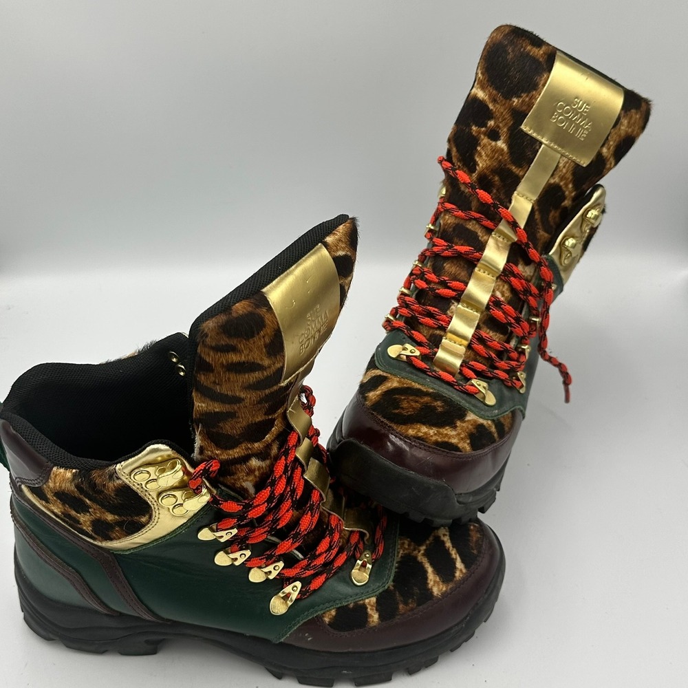 Suecomma Bonnie Hiking Boots Women 8.5 Leopard Calf Hair Green Leathe Gorpcore
